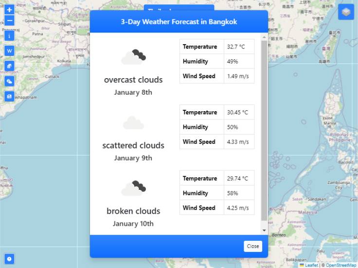 Weather Modal of gazetteer website